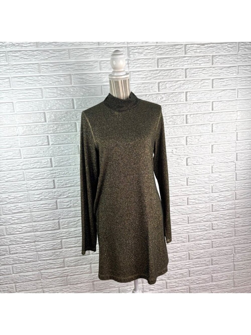 Michael Stars Olivia Sparkle Gold Black Mock Neck Knit Sweater Dress Size Large